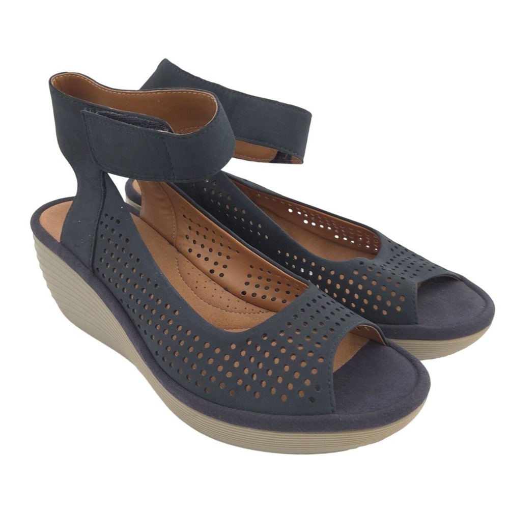 Clarks Clarene Prima Wedge Sandals Women 7 WIDE Blue Leather Peep Toe 2.5"
